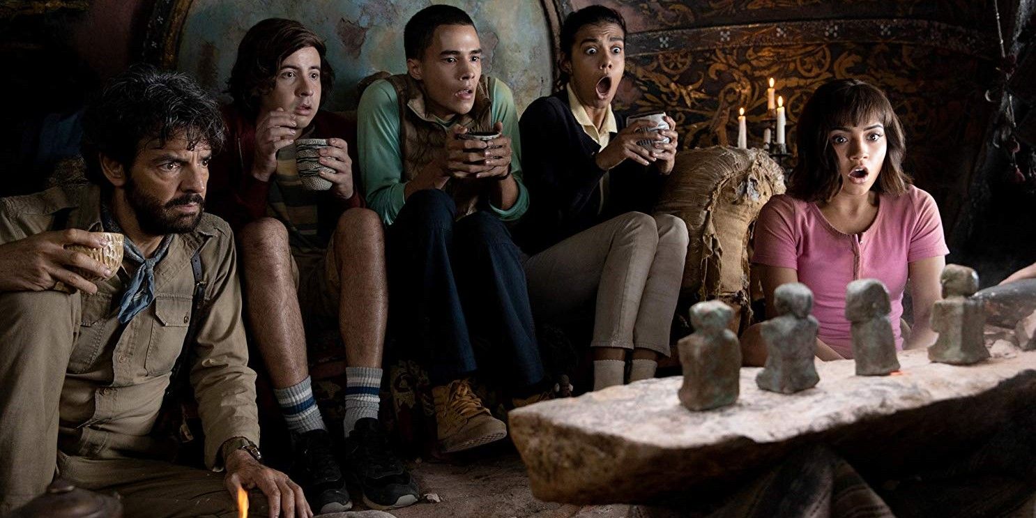 Eugenio Derbez, Nicholas Coombe, Isabela Moner, Madeleine Madden, and Jeffrey Wahlberg in Dora and the Lost City of Gold