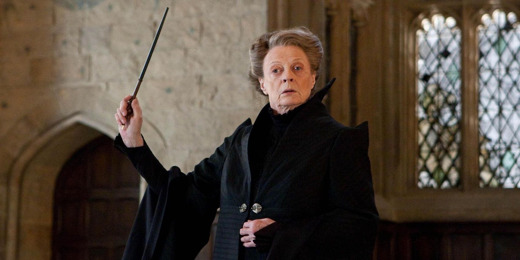 Professor McGonnagall waving her wand in Harry Potter