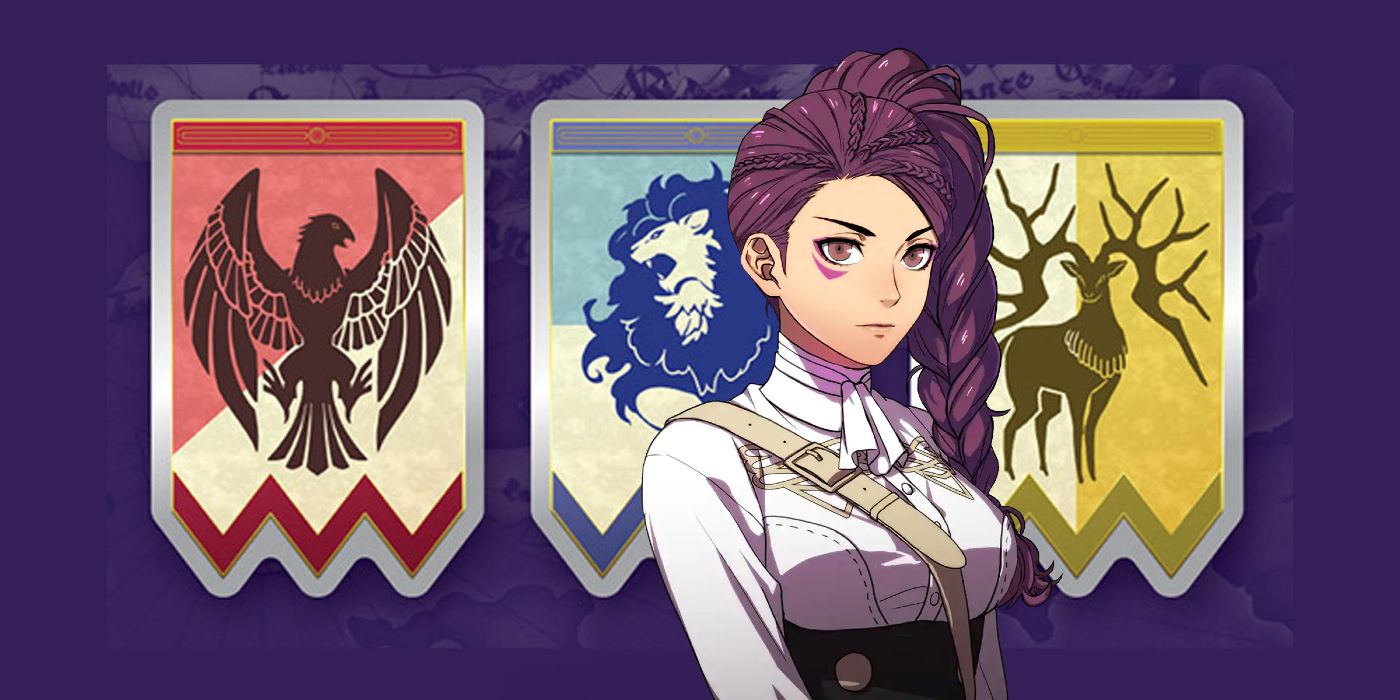 Fire Emblem Three Houses's Petra, a purple braided girl, stands in front of three banners.