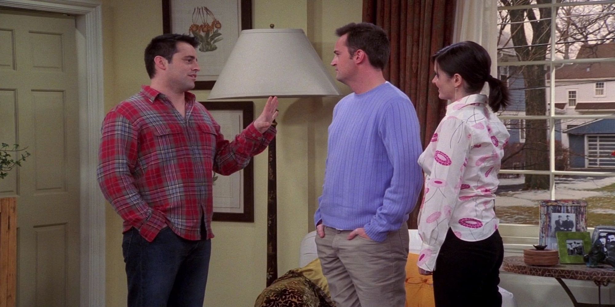 Chandler and Monica tell Joey that he has a room at their new house in the suburbs in Friends