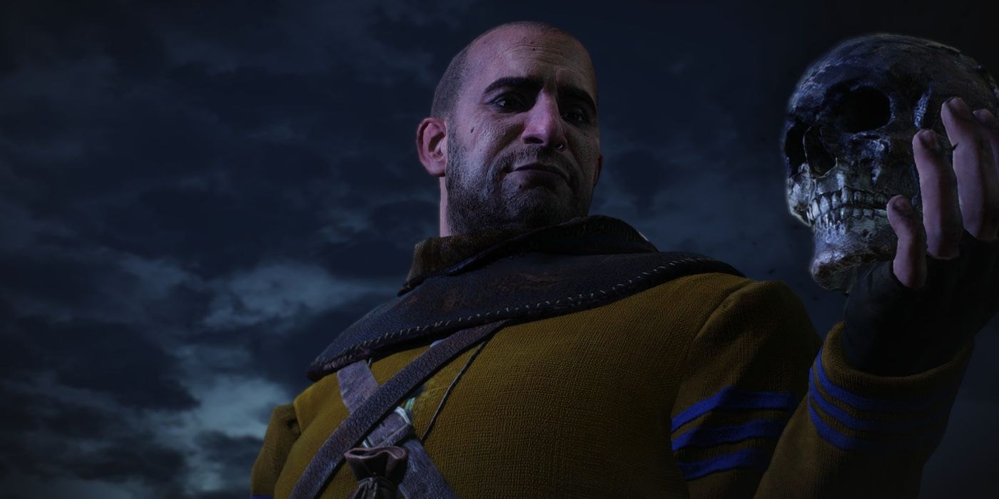 Gaunter O'Dimm holds a skull in The Witcher 3