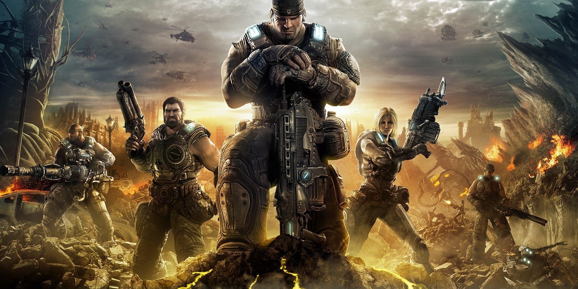 Characters from Gears of War 3 standing in a wasteland looking very depressed and determined