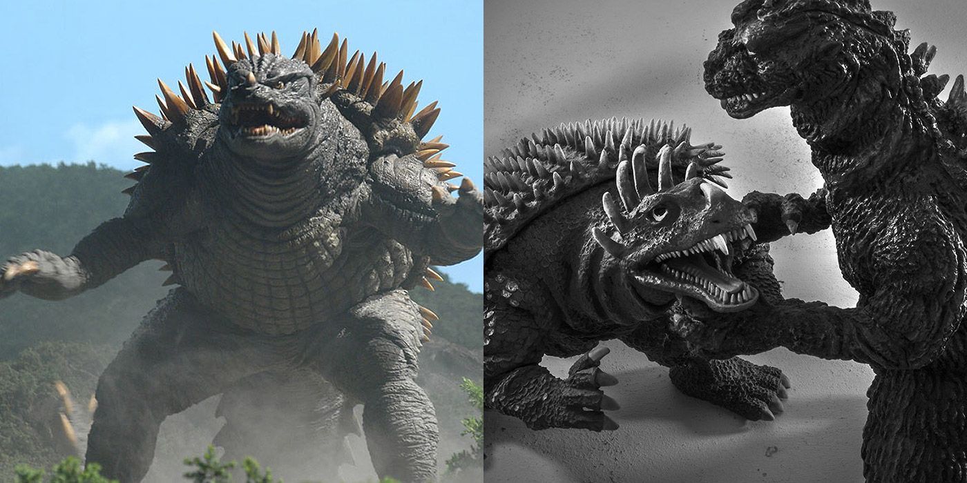 Split image of Anguirus fighting Godzilla