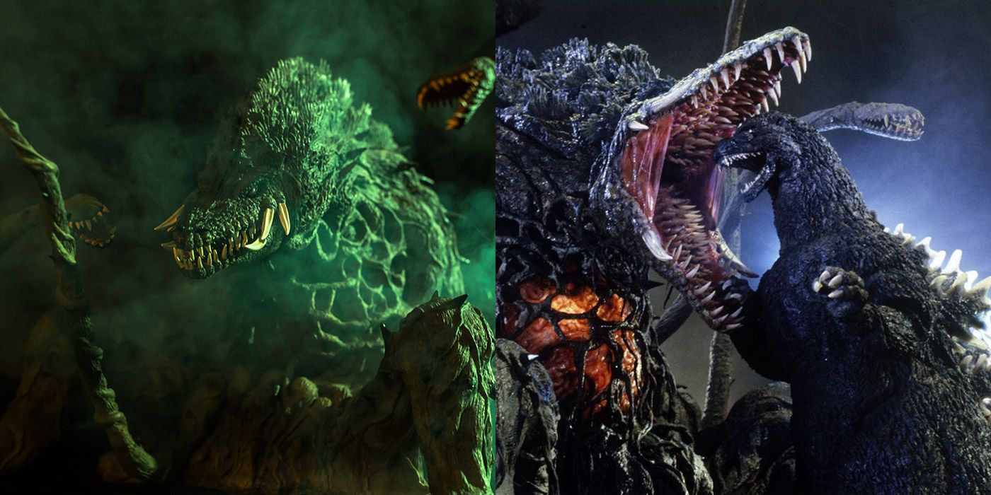 Split image of Biollante fighting Godzilla