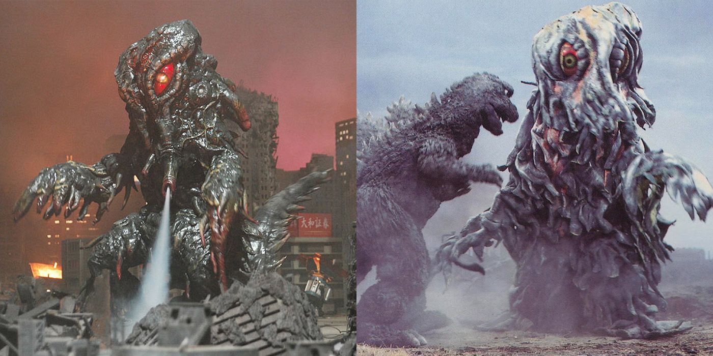Split image of Hedorah battling Godzilla