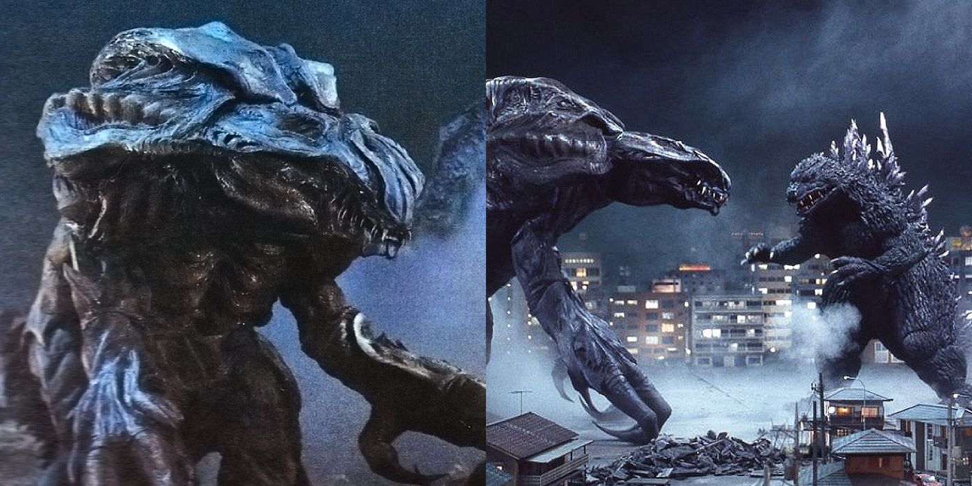 Split image of Orga battling Godzilla