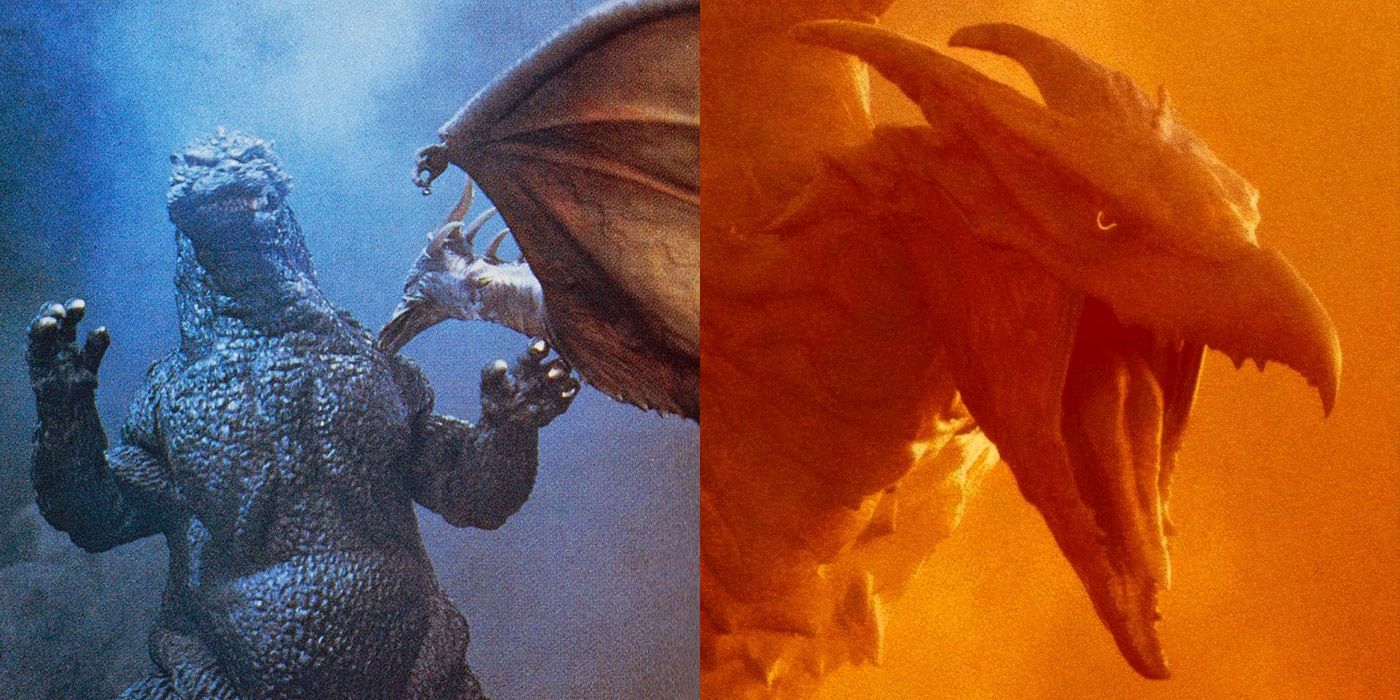 Split image of Rodan battling Godzilla