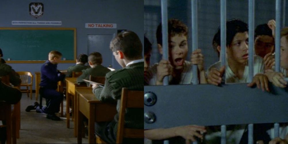 Kids sitting in class and clones behind bars in The Perfect School episode of Goosebumps.