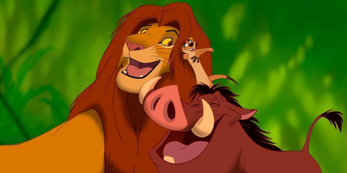 Simba, Timon, and Pumbaa singing &quot;Hakuna Matata&quot; in the Lion King