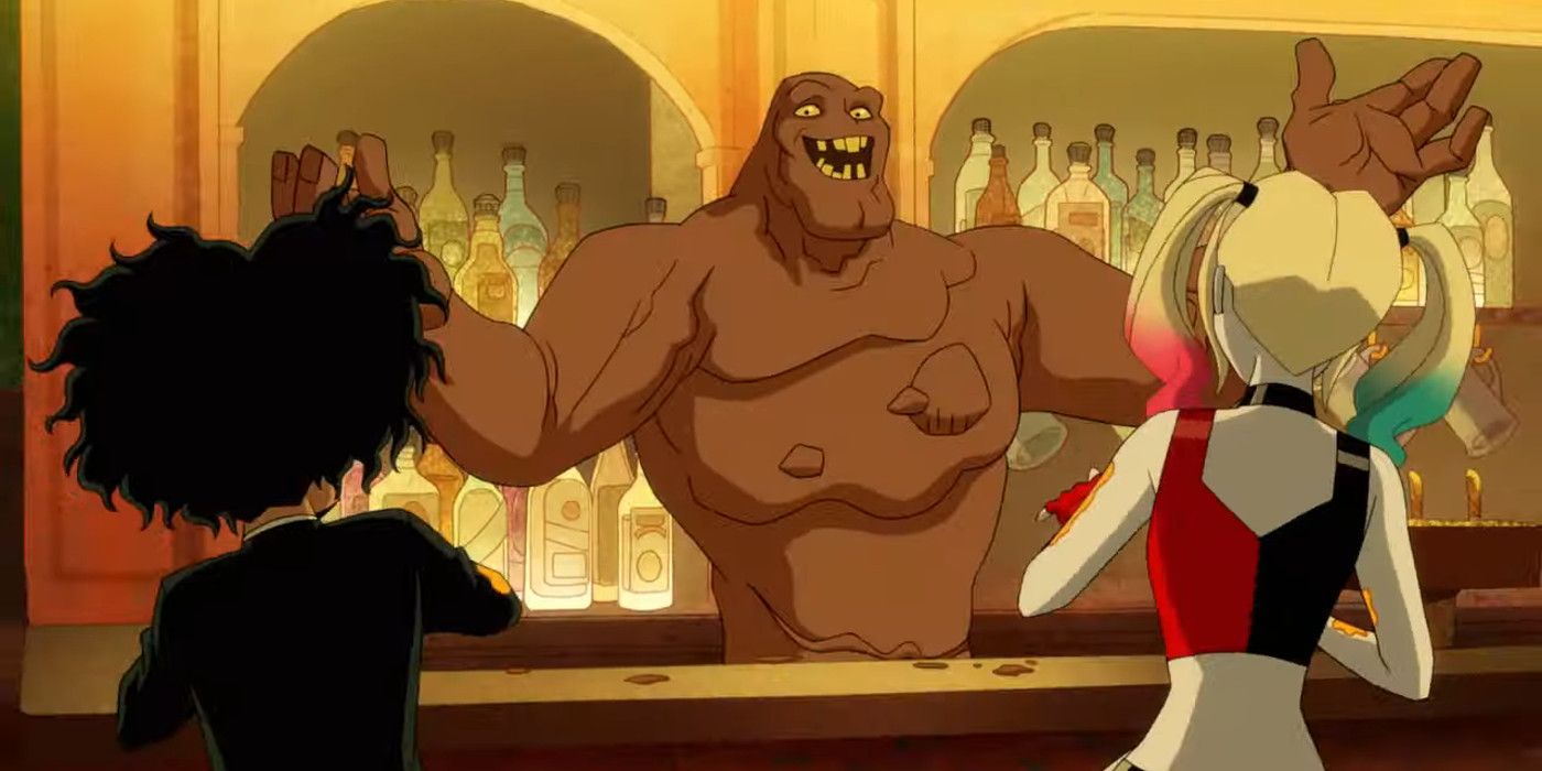 Clayface behind a bar serving drinks to Pyscho and Quinn