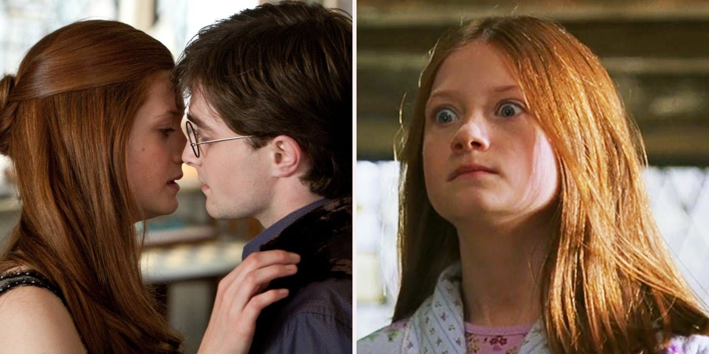 Harry and Ginny kissing and meeting - split image