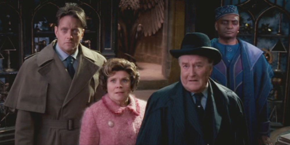 Kingsley Shacklebolt, Cornelius Fudge, Dolores Umbridge, and John Dawlish in Harry Potter and the Order of the Phoenix.