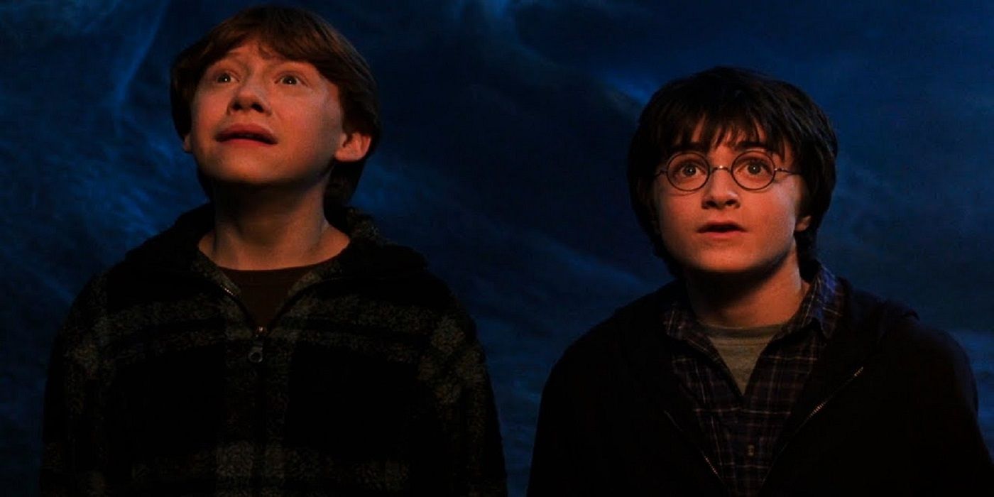 Ron and Harry looking scared in the Forbidden Forest in Harry Potter and the Chamber of Secrets