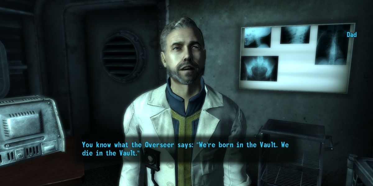 James talks to the player while in a medical office in the video game Fallout 3.