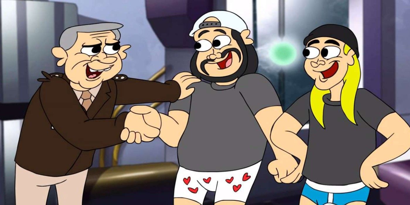 Bob in his underwear smiling with Jay in Jay and Silent Bob's Super Groovy Movie