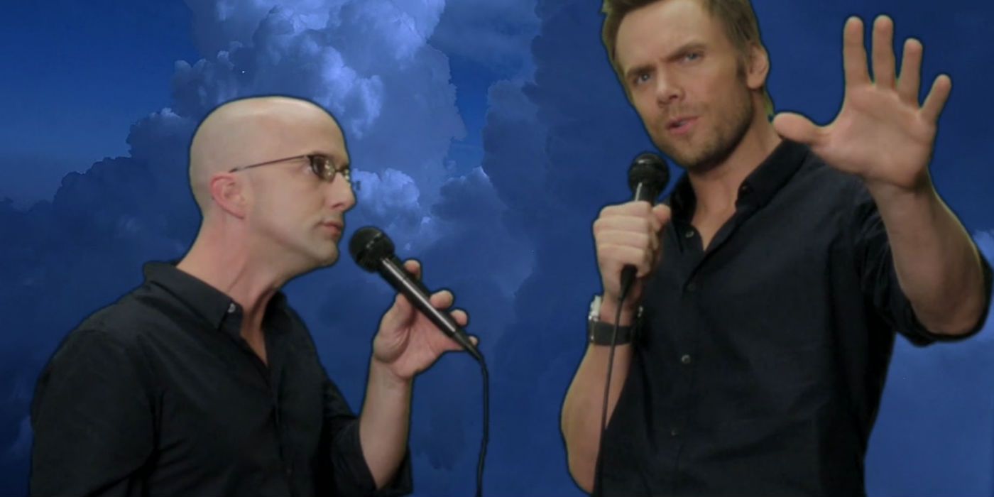 Jeff and Dean Pelton with microphones in Community