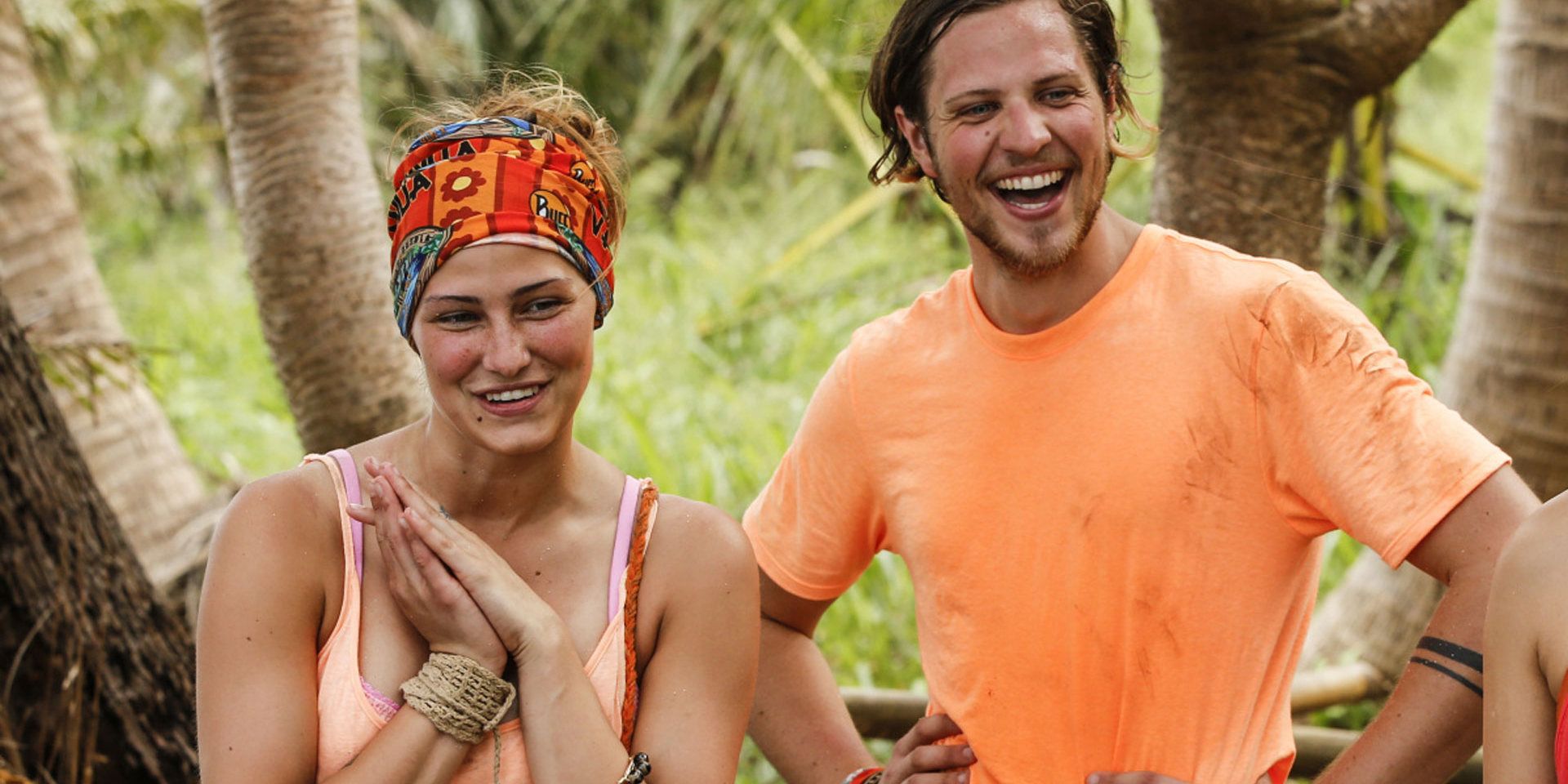 Jessica &quot;Figgy&quot; Figureoa clasps her hands and Taylor Lee Stocker laughs on Survivor: Millennials vs. Gen X