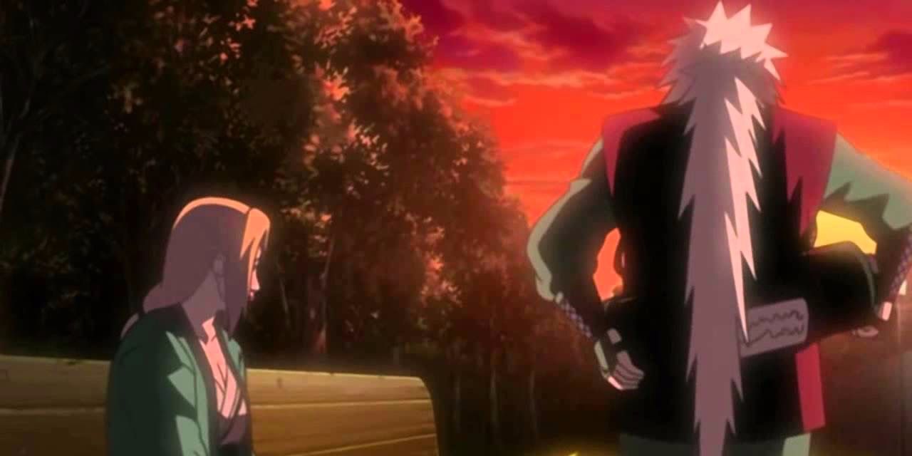 Tsunade sits on a bench while Jiraiya walks into the sunset in Naruto Shippuden