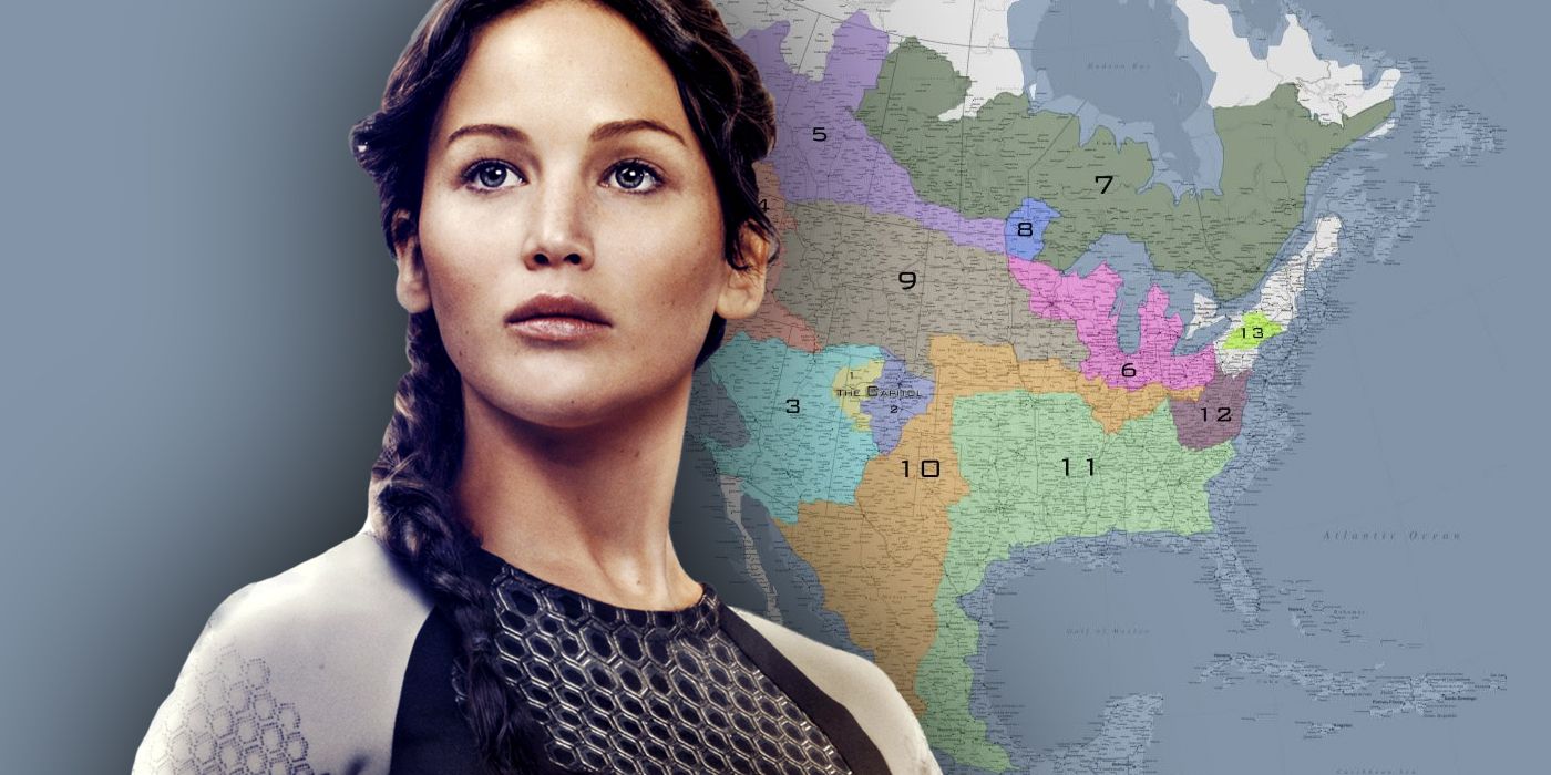 Katniss Everdeen and a Map of Panem from the Hunger Games franchise