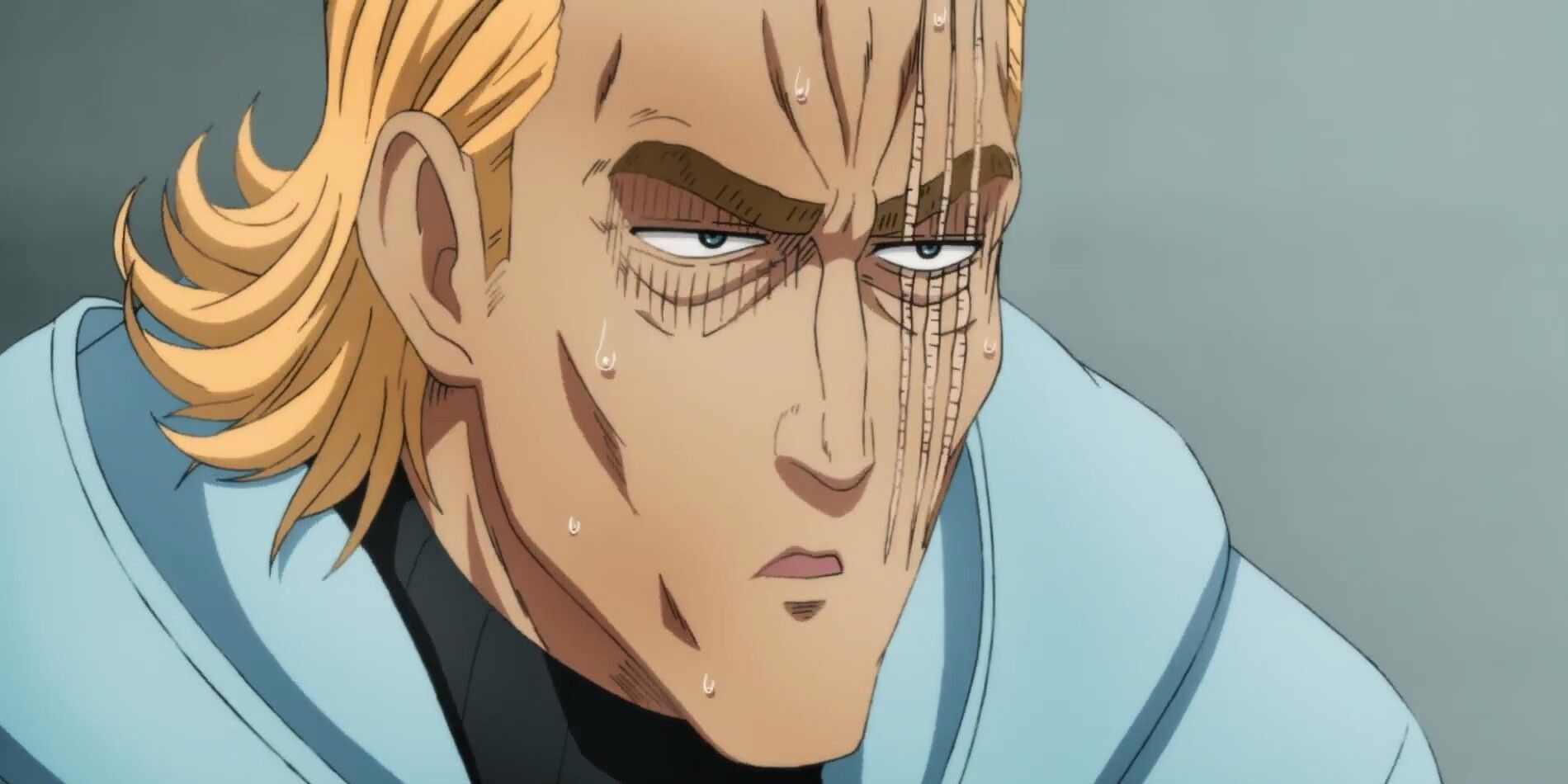 A close-up of King looking serious in One-Punch Man