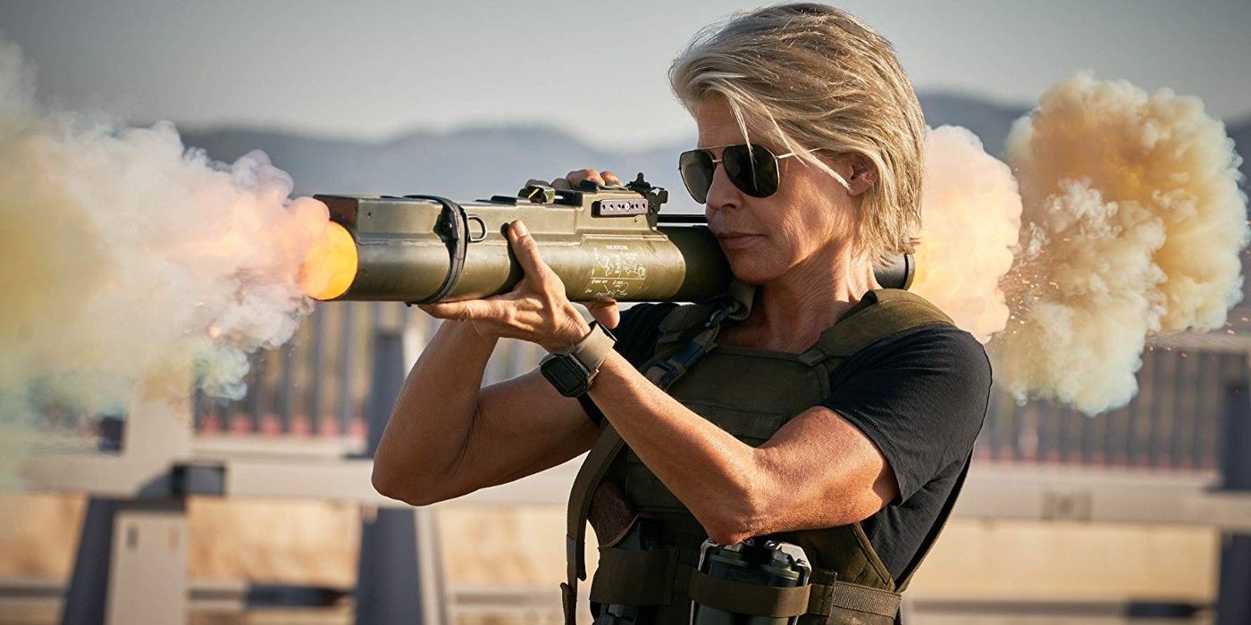 Linda Hamilton with bazooka in Terminator Dark Fate