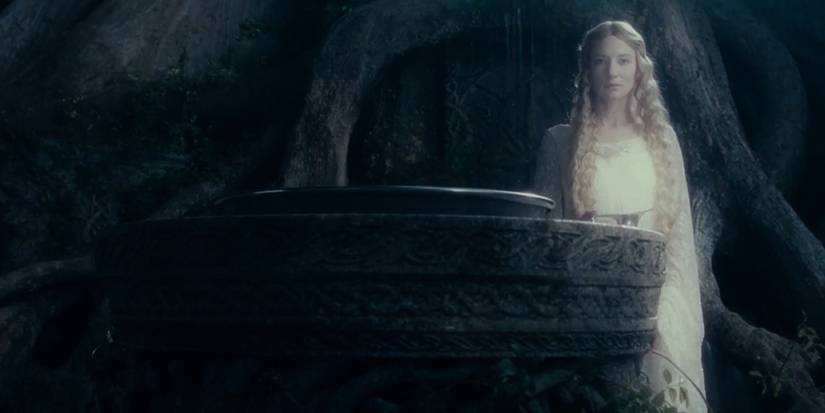Galadriel beside her mirror in The Lord of the Rings.