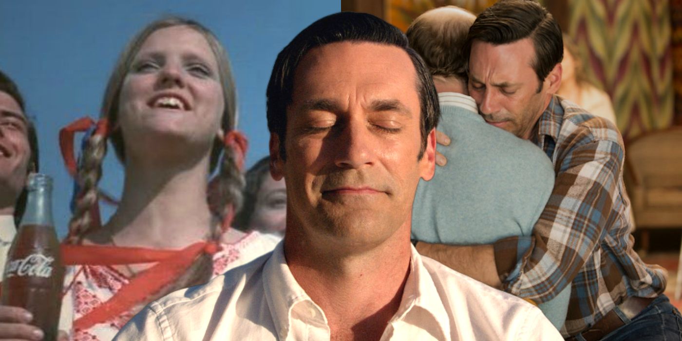 Collage of Don Draper, an ad, and him hugging someone in Mad Men