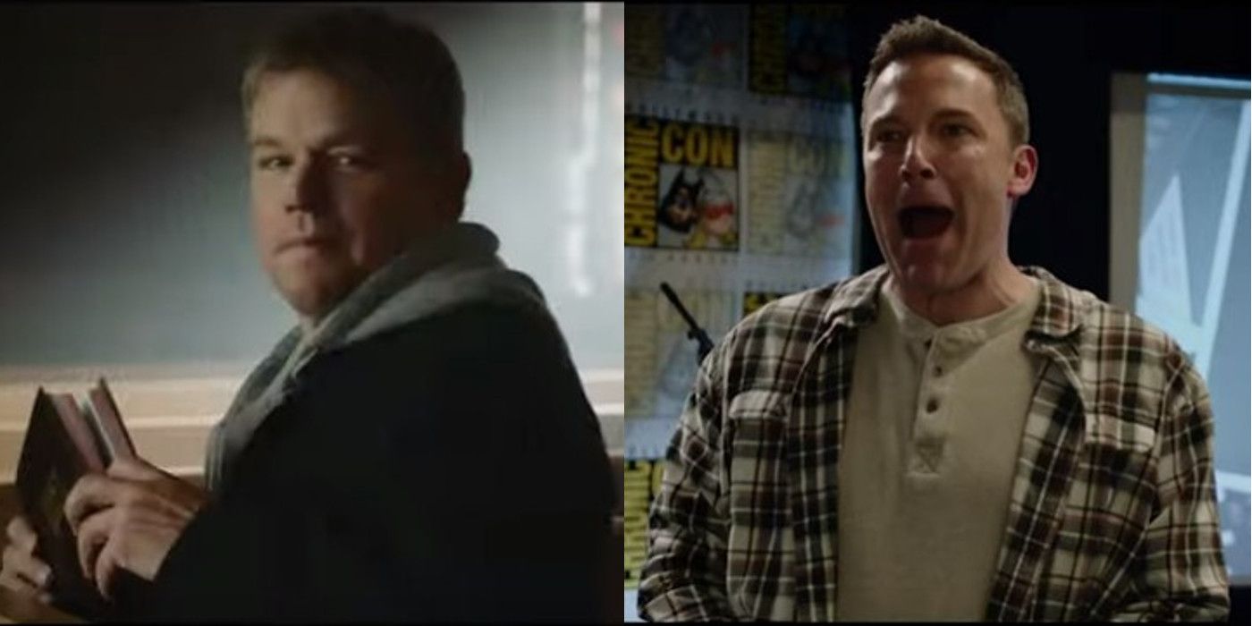 Split image of Matt Damon in a church and Ben Affleck at ComicCon in Jay And Silent Bob Reboot
