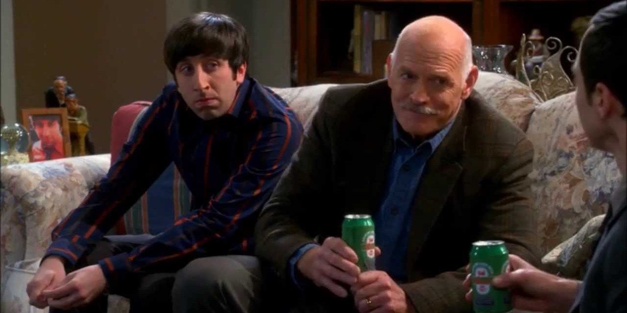 Mike drinking beer with Sheldon and ignoring Howard on The Big Bang Theory