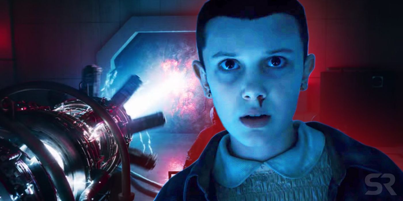 Millie Bobby Brown as Eleven over an image of a gate to the Upside Down in Stranger Things