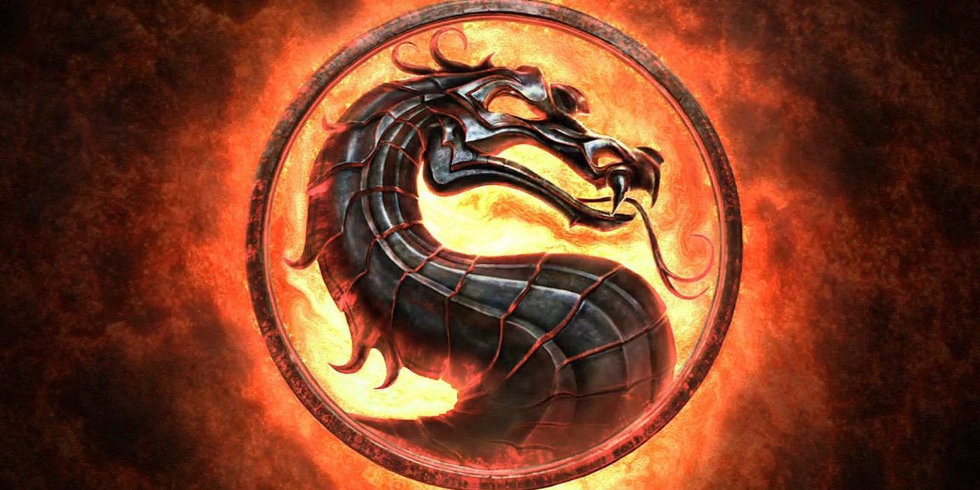 Mortal Kombat's iconic dragon logo on a flame background.