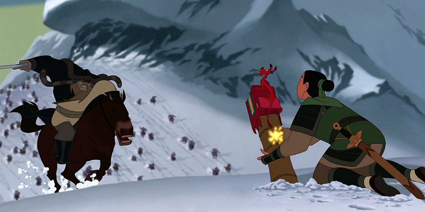 Mulan aiming a cannon at Shan Yu during the battle in the mountains in Mulan 