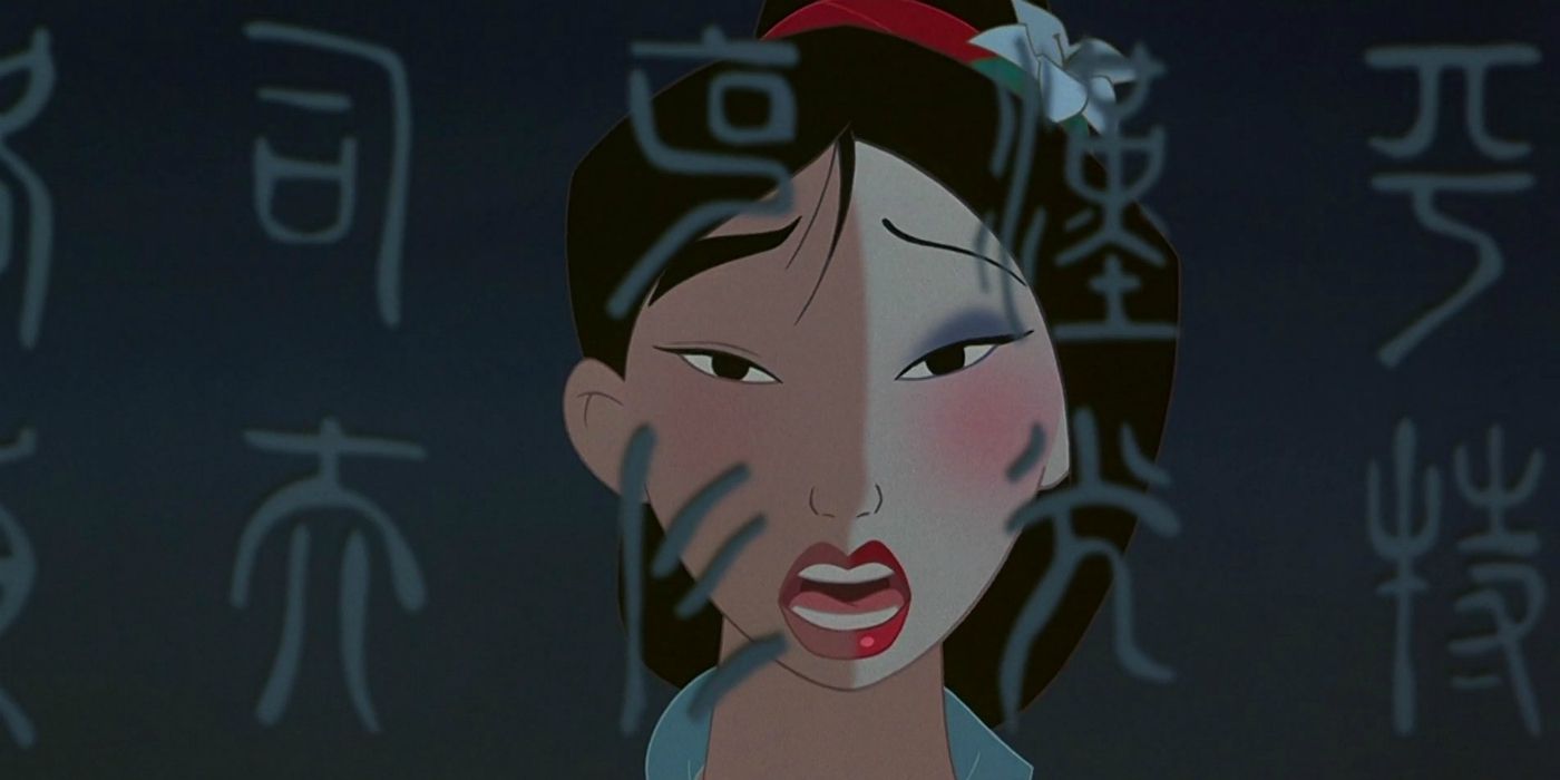 Mulan with half her face covered in makeup 