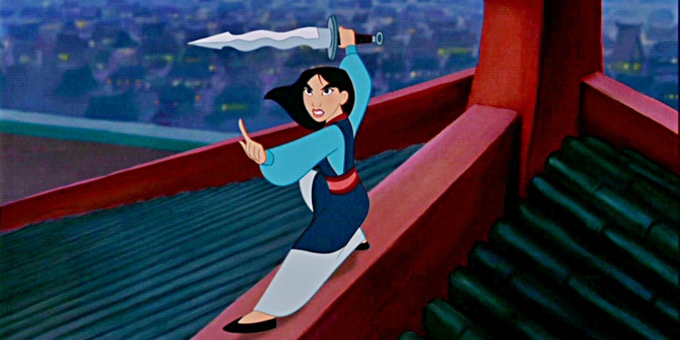 Mulan holding a sword above her 
