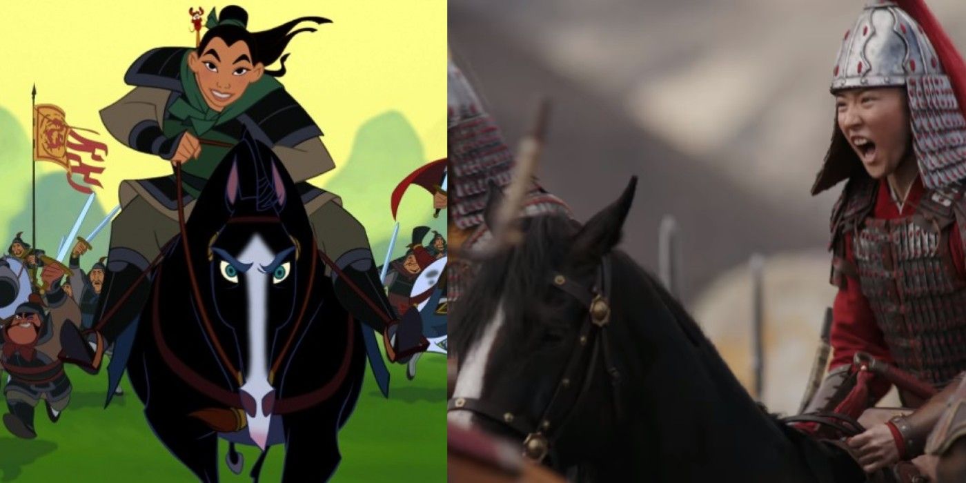 A split image features Mulan riding Khan in the animated and live action movies