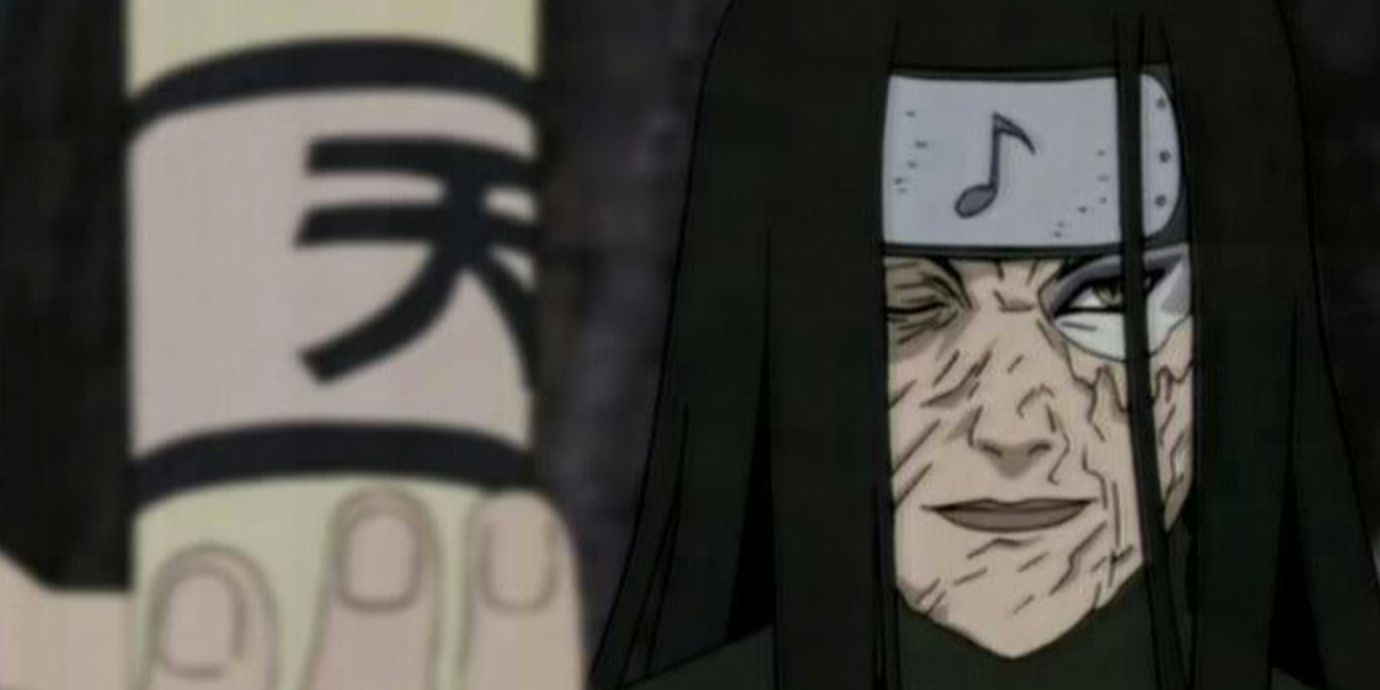 A disguised Orochimaru offers up a scroll during the Chunin Exams in Naruto