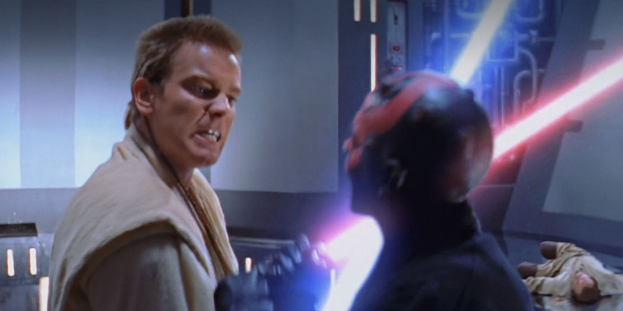 Obi-Wan Kenobi clashing lightsabers in Star Wars The Phantom Menace