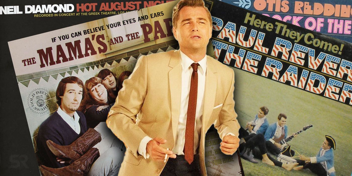 Collage of Leonardo DiCaprio in Once Upon a Time in Hollywood surrounded by various music records