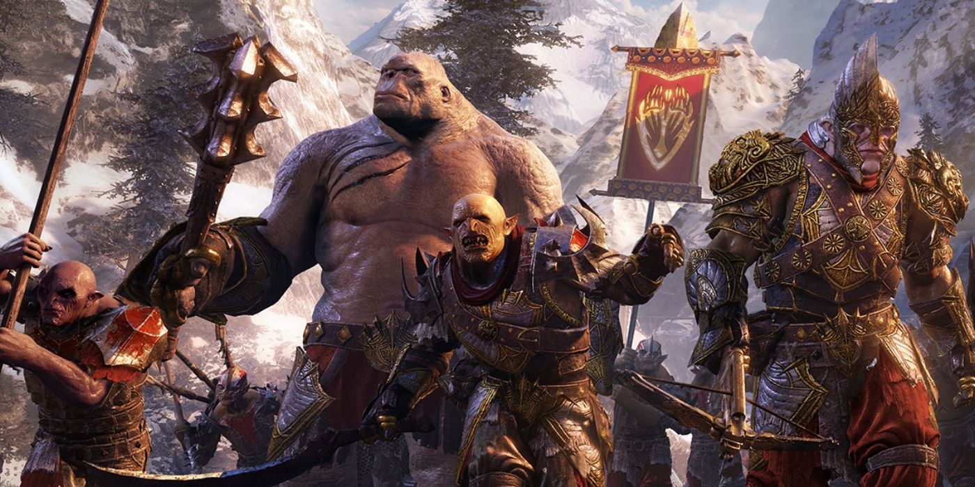 A range of armored Orcs and a Troll in Middle-Earth: Shadow of War