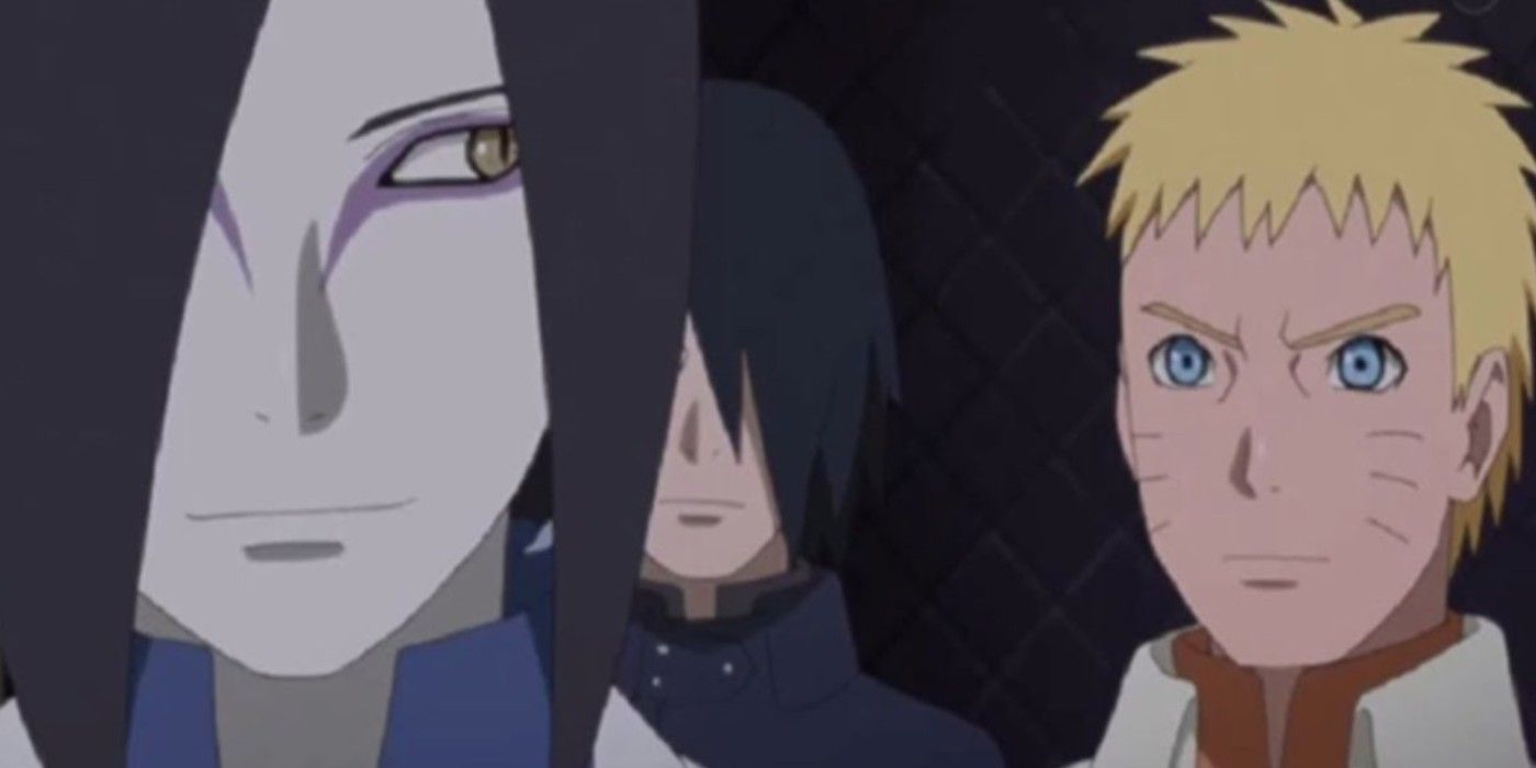 Orochimaru olha para Naruto e Sasuke em Boruto