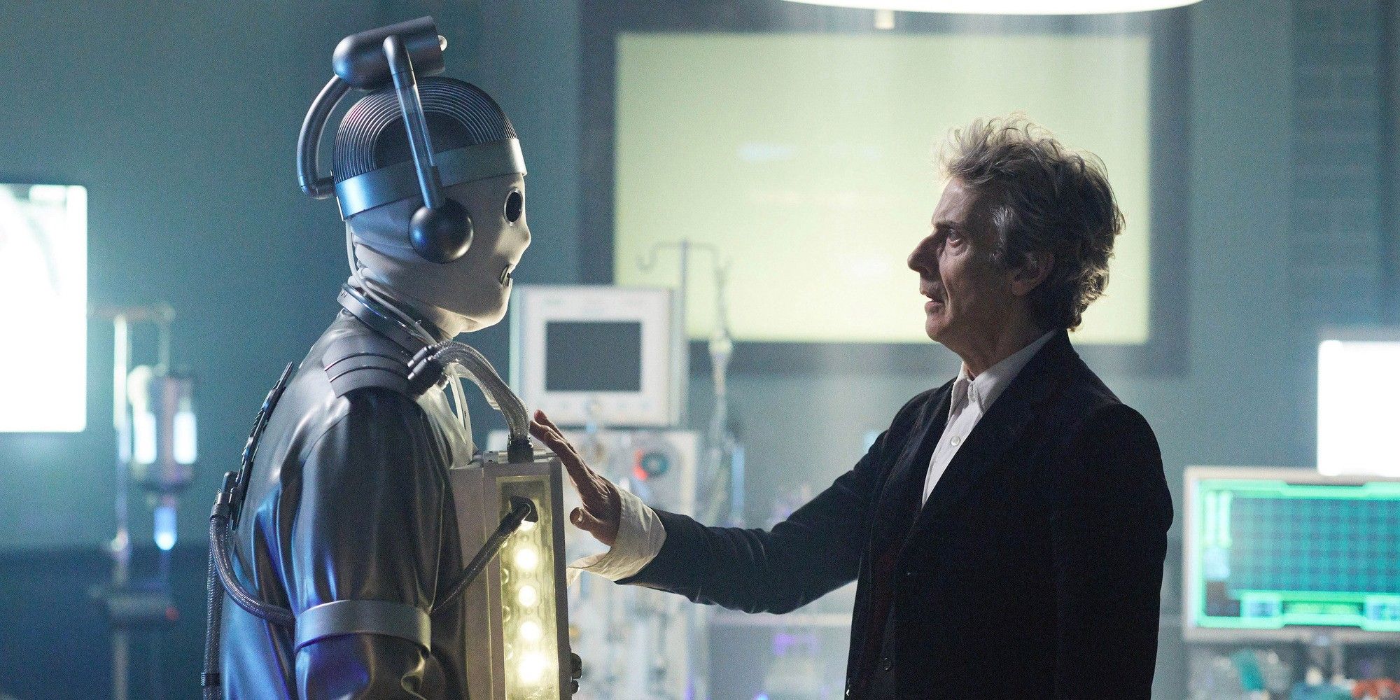 Peter Capaldi as The Doctor and a Cyberman in Doctor Who