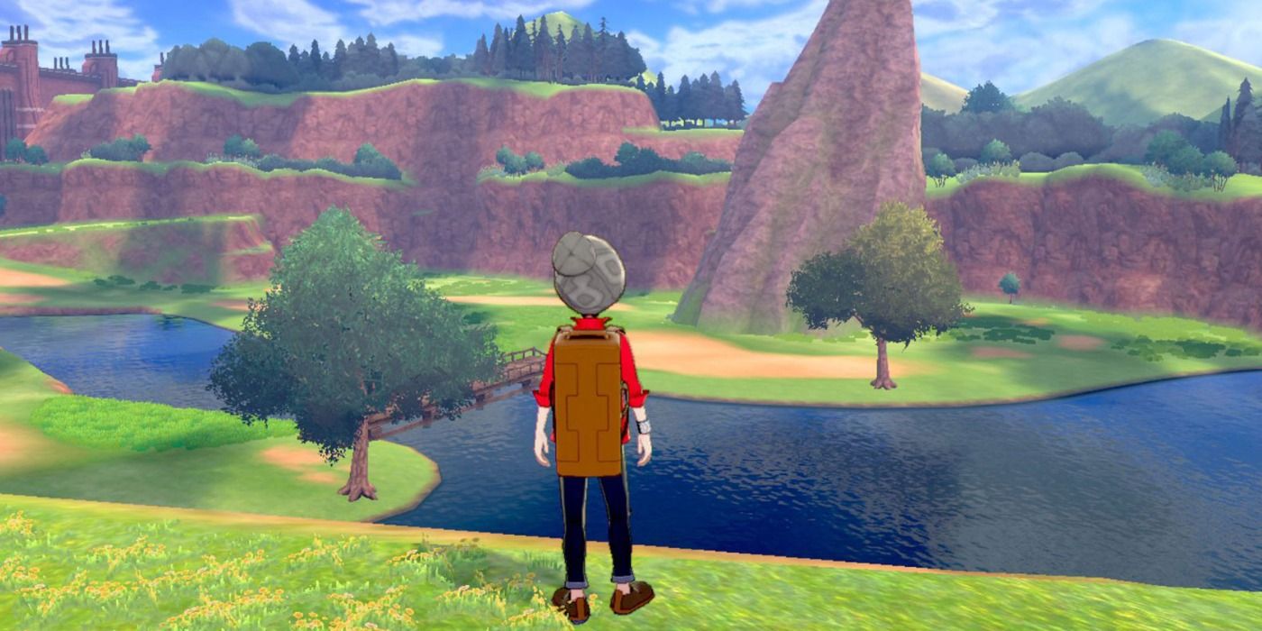 A trainer looks at a beautiful vista in Pokemon: Sword and Shield.