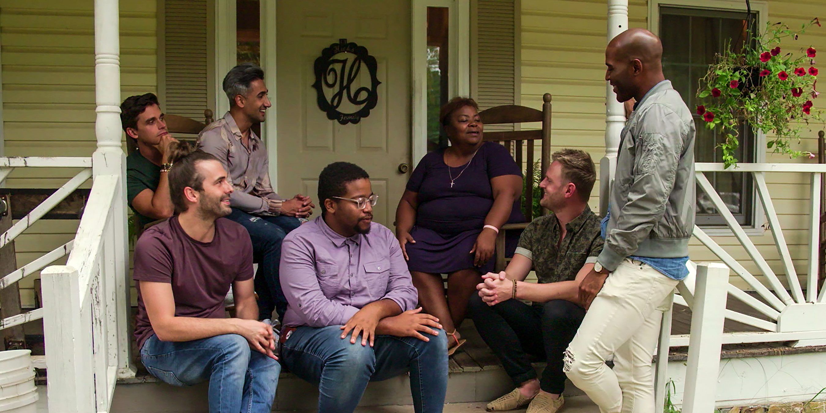 Queer Eye's Tammy with the Fab Five sitting on porch