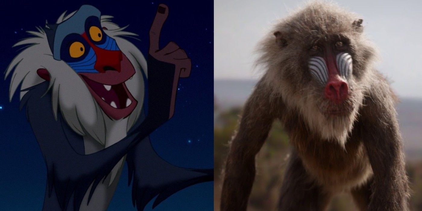 Two side by side images of Rafiki from The Lion King
