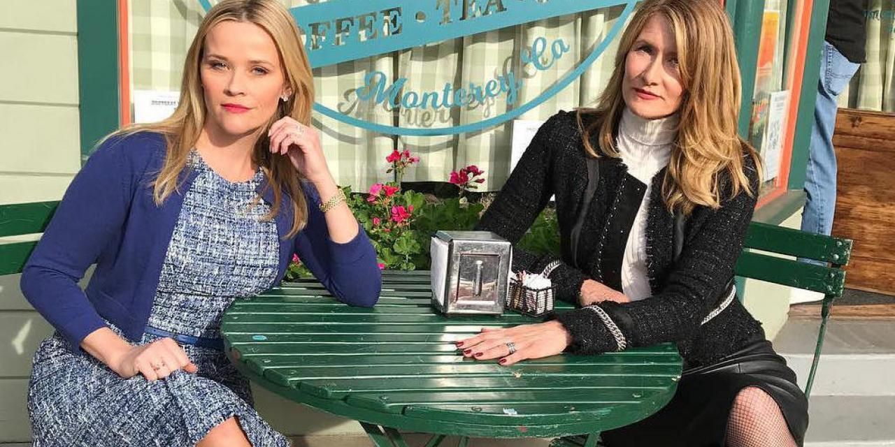 Madeline and Renata sitting outside at a restaurant table on Big Little Lies