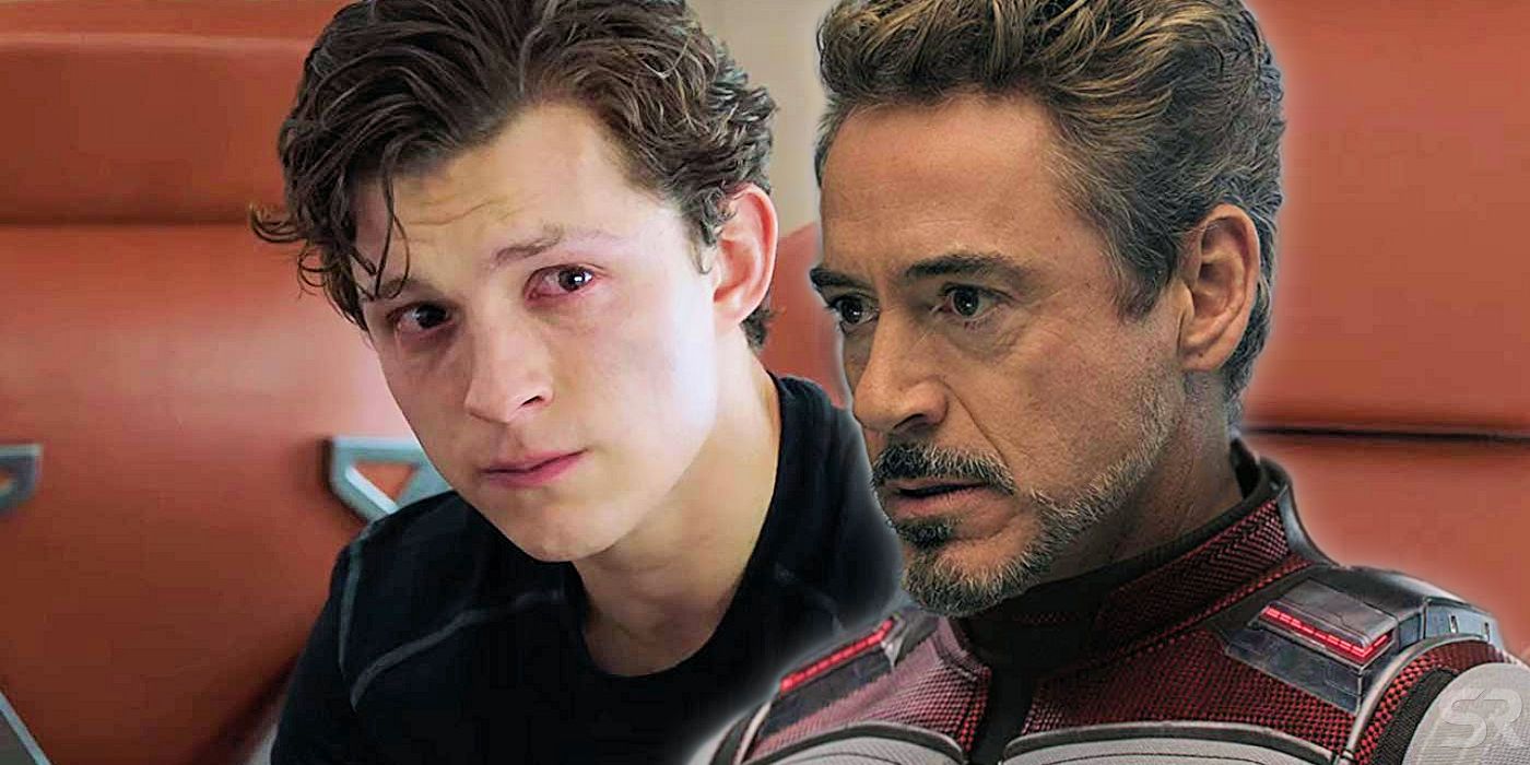 Robert Downey Jr as Iron Man and Tom Holland as Peter Parker in Spider Man Far From Home