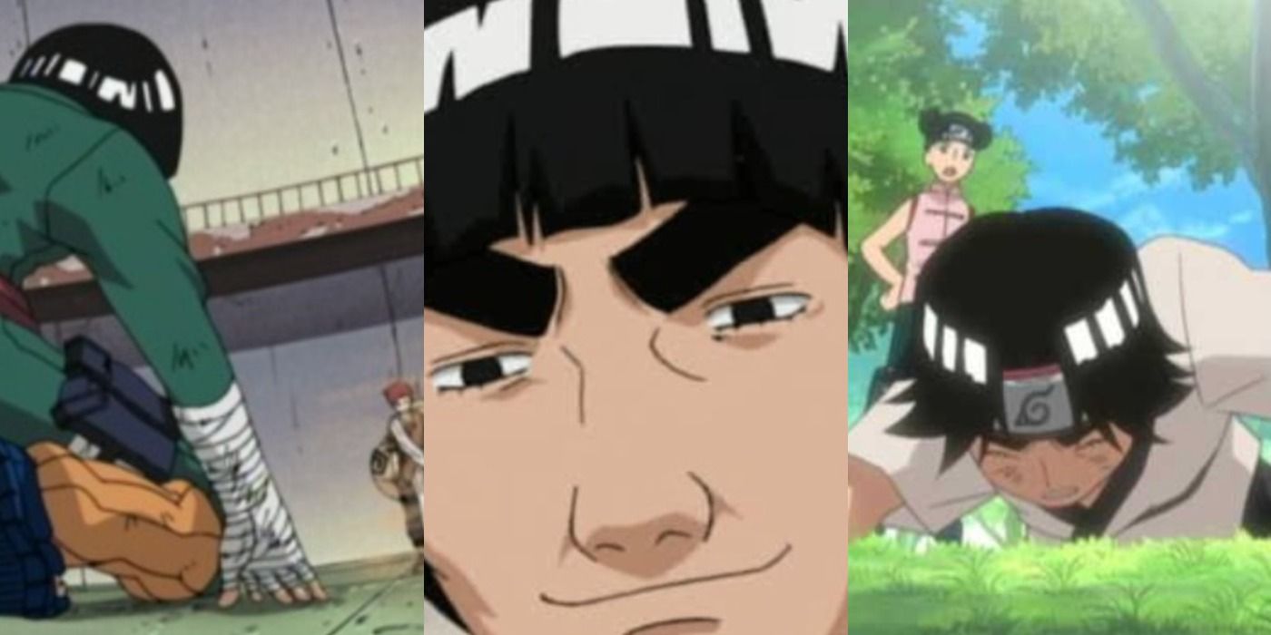 A split image features Rock Lee vs Gaara, Might Guy, and Tenten and Lee in training in Naruto