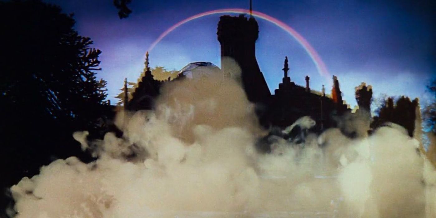 A rainbow is visible above the spaceship-castle as it prepares to take off in Rocky Horror Picture Show
