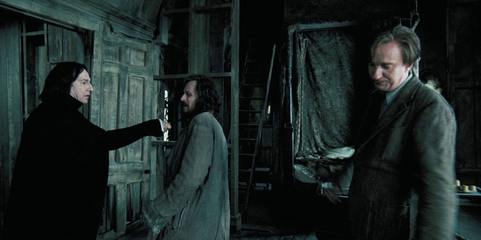 Snape and Sirius fight in the Shrieking Shack as Lupin looks on in Harry Potter