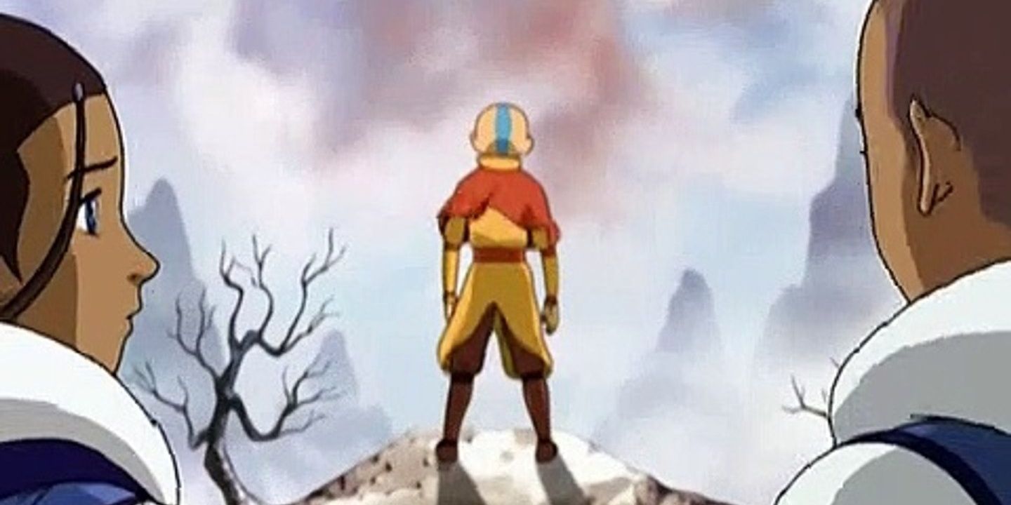 Aang stands at the edge of a cliff in The Southern Air Temple episode of Avatar: The Last Airbender.